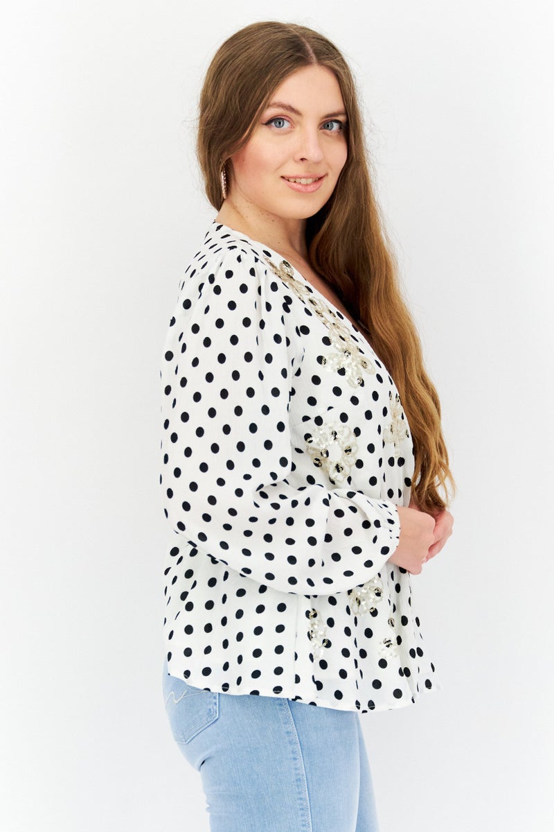 RIVER ISLAND Women V-Neck Long Sleeve Polka Dots Tops, White Combo - Image 2