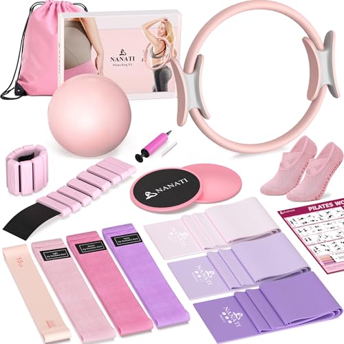 NANATI Pilates Kit 18PCS,Pilates Essentials Kit for Women,Pilates Equipment with 14.5" Pilates Ring and Ball,7 Resistance Bands,Ankle Weights,Sliders & Grip Socks Accessories for Starter Home Workouts - Image 1