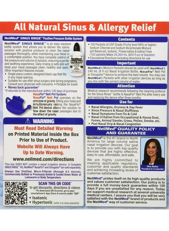 NeilMed Sinus Rinse 100 Premixed Packets - All Natural Nasal Irrigation for Sinus Relief, Moisturization, and Daily Hygiene - Drug-Free, Preservative-Free (Pack of 2) - Image 2