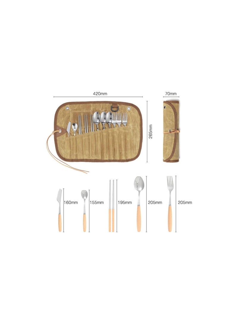 GGOOT Cutlery Roll Bag Waxed Canvas Cutlery Carrier Bag Pouch with 11pcs Cultery Set Forks Spoons Chopsticks Butter Spreader Coffee Spoon for Outdoor Camping Backpacking Picnics BBQ - Image 2