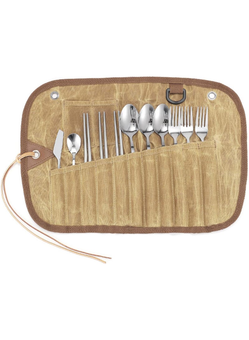 GGOOT Cutlery Roll Bag Waxed Canvas Cutlery Carrier Bag Pouch with 11pcs Cultery Set Forks Spoons Chopsticks Butter Spreader Coffee Spoon for Outdoor Camping Backpacking Picnics BBQ - Image 1