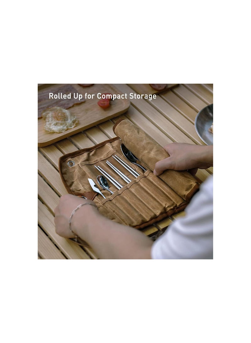 GGOOT Cutlery Roll Bag Waxed Canvas Cutlery Carrier Bag Pouch with 11pcs Cultery Set Forks Spoons Chopsticks Butter Spreader Coffee Spoon for Outdoor Camping Backpacking Picnics BBQ - Image 4