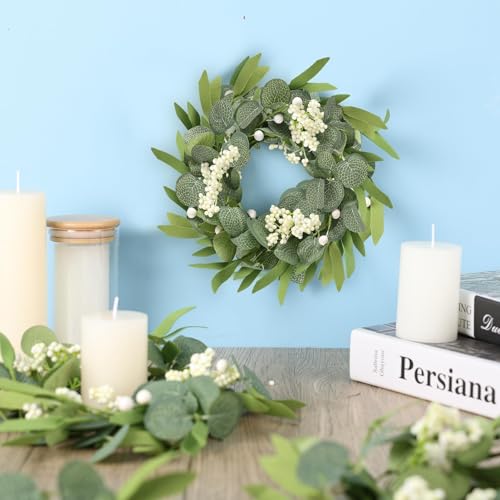 YLOLUL 6 Pcs Green Artificial Eucalyptus Swag Wreaths Spring Summer Wreath with White Berries Mini Green Kitchen Cabinet Wreaths with Ribbon for Front Door Porch Wall Window Farmhouse Decoration - Image 2
