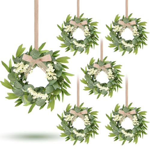 YLOLUL 6 Pcs Green Artificial Eucalyptus Swag Wreaths Spring Summer Wreath with White Berries Mini Green Kitchen Cabinet Wreaths with Ribbon for Front Door Porch Wall Window Farmhouse Decoration - Image 1