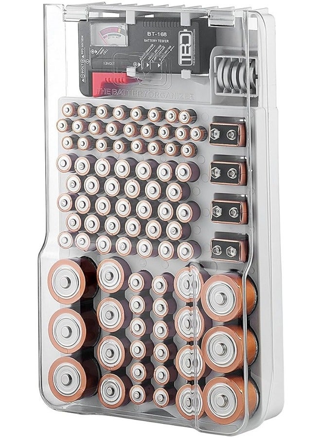 عام حافظة تخزين البطاريات مع غطاء شفاف مفصلي ومزودة بفاصل قابل للإزالة للاختبار، تستوعب 93 بطارية بأحجام مختلفة. - Image 1