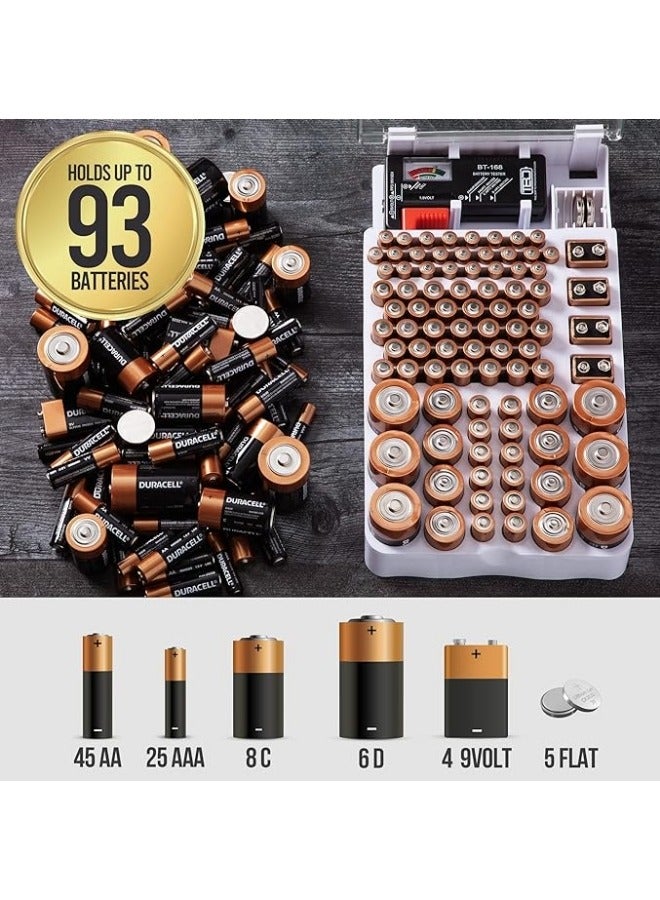 عام حافظة تخزين البطاريات مع غطاء شفاف مفصلي ومزودة بفاصل قابل للإزالة للاختبار، تستوعب 93 بطارية بأحجام مختلفة. - Image 2