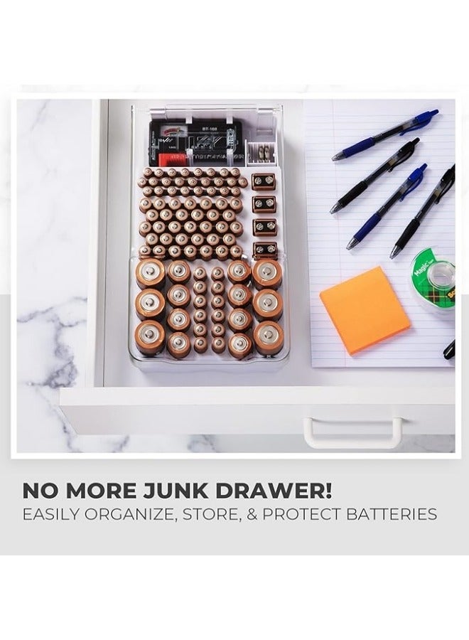 عام حافظة تخزين البطاريات مع غطاء شفاف مفصلي ومزودة بفاصل قابل للإزالة للاختبار، تستوعب 93 بطارية بأحجام مختلفة. - Image 4