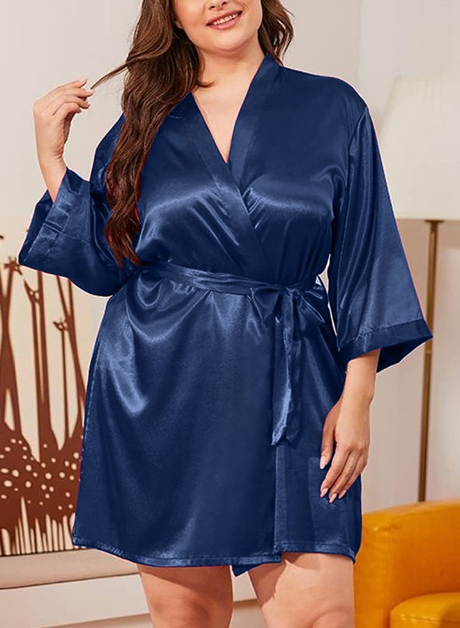MARGOUN Women's 2XL Size Pure Short Satin Robes Bridesmaid and Bride Silky Robes Sleepwear Soft Dressing Gown Bride Pajamas Morning Robe Mid-Length Nightdress Blue  - Image 1