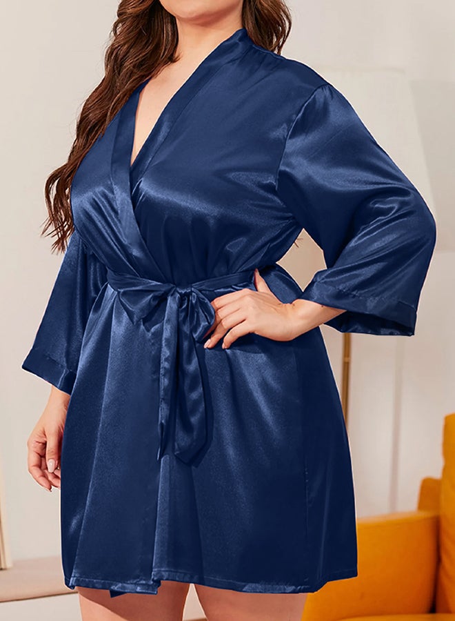 MARGOUN Women's 2XL Size Pure Short Satin Robes Bridesmaid and Bride Silky Robes Sleepwear Soft Dressing Gown Bride Pajamas Morning Robe Mid-Length Nightdress Blue  - Image 3