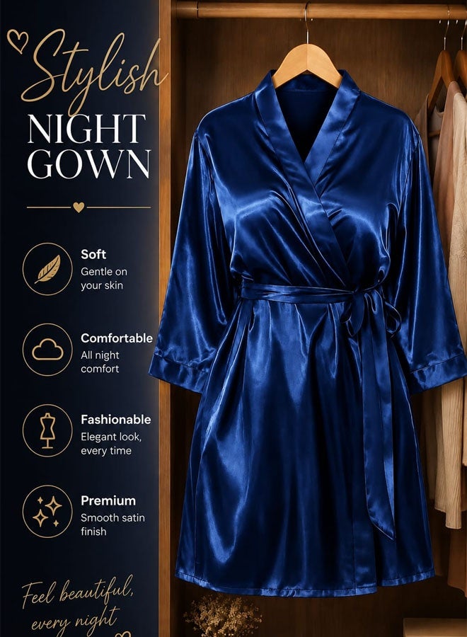 MARGOUN Women's XL/2XL Size Pure Short Satin Robes Bridesmaid and Bride Silky Robes Sleepwear Soft Dressing Gown Bride Pajamas Morning Robe Mid-Length Nightdress Blue - Image 2