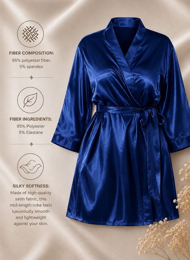 MARGOUN Women's XL/2XL Size Pure Short Satin Robes Bridesmaid and Bride Silky Robes Sleepwear Soft Dressing Gown Bride Pajamas Morning Robe Mid-Length Nightdress Blue - Image 4