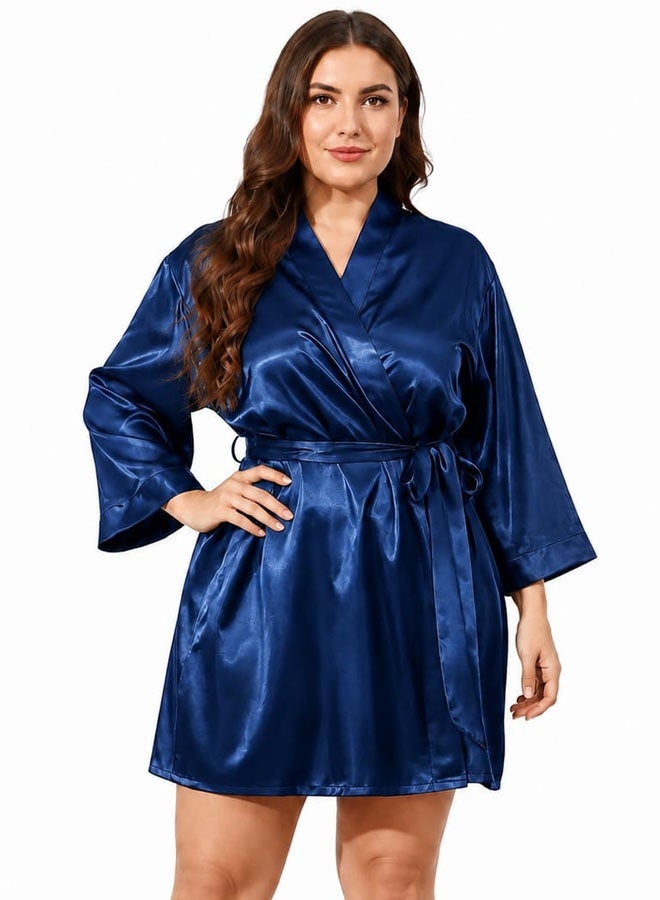 MARGOUN Women's XL/2XL Size Pure Short Satin Robes Bridesmaid and Bride Silky Robes Sleepwear Soft Dressing Gown Bride Pajamas Morning Robe Mid-Length Nightdress Blue - Image 1
