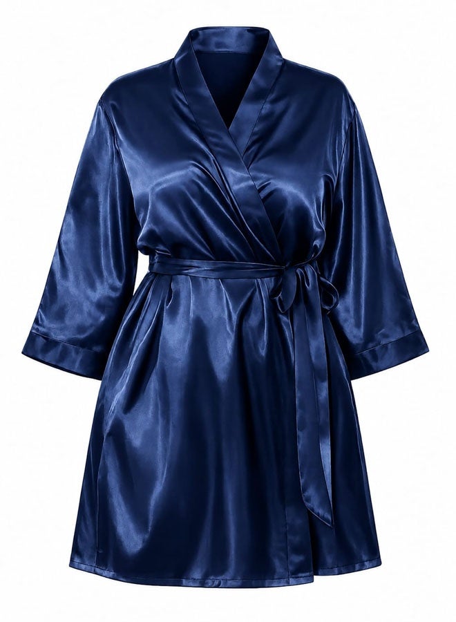 MARGOUN Women's XL/2XL Size Pure Short Satin Robes Bridesmaid and Bride Silky Robes Sleepwear Soft Dressing Gown Bride Pajamas Morning Robe Mid-Length Nightdress Blue - Image 3