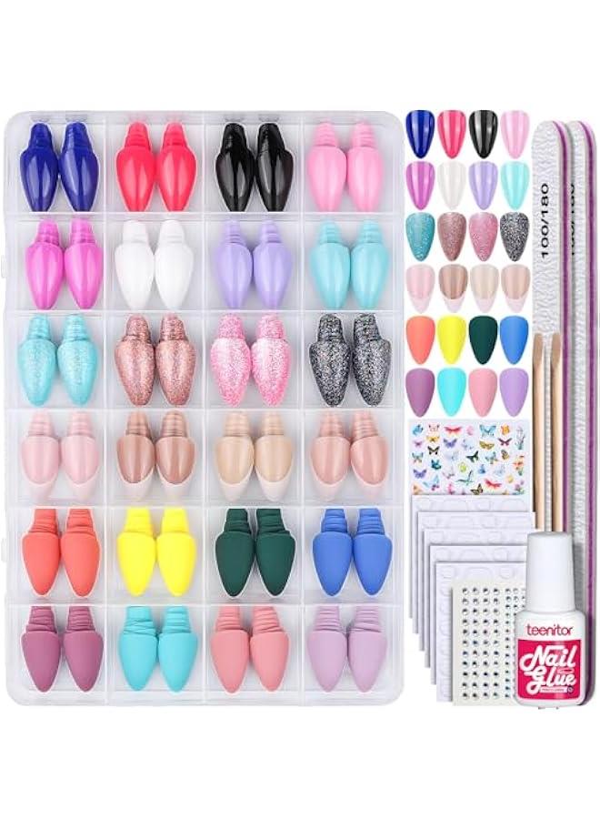 Arabest Press on Nails Almond, 24Pack 576Pcs Short Almond Press on Nails, Matte Glossy French Tip Press on Nails, Glitter Fake Nails - Image 1