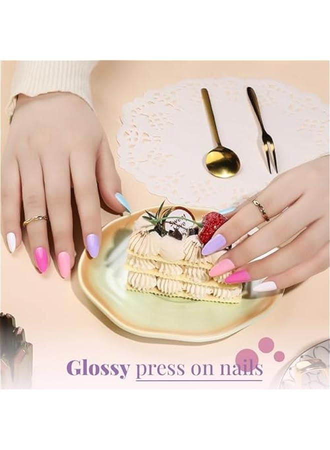 Arabest Press on Nails Almond, 24Pack 576Pcs Short Almond Press on Nails, Matte Glossy French Tip Press on Nails, Glitter Fake Nails - Image 5