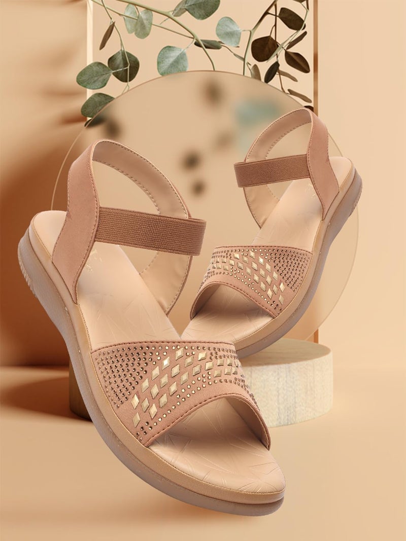 XE Looks Women's Beige Flat Sandals | Embellished Perforated Upper with Elastic Backstrap | Lightweight and Comfortable | Graceful & Modern Siroski Sandals For Girls & Women - Image 2