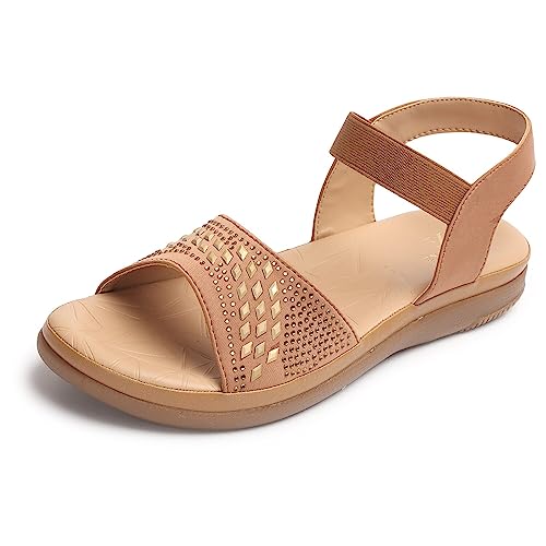 XE Looks Women's Beige Flat Sandals | Embellished Perforated Upper with Elastic Backstrap | Lightweight and Comfortable | Graceful & Modern Siroski Sandals For Girls & Women - Image 1