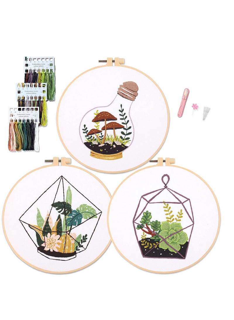 SYOSI Embroidery Kit Beginner Adult Embroidery Material Pack Green Plants Succulents Pattern Collection Adult DIY Handmade Cross Stitch Embroidery Pictures Set for DIY Art Craft Sewing 3 Sets - Image 1
