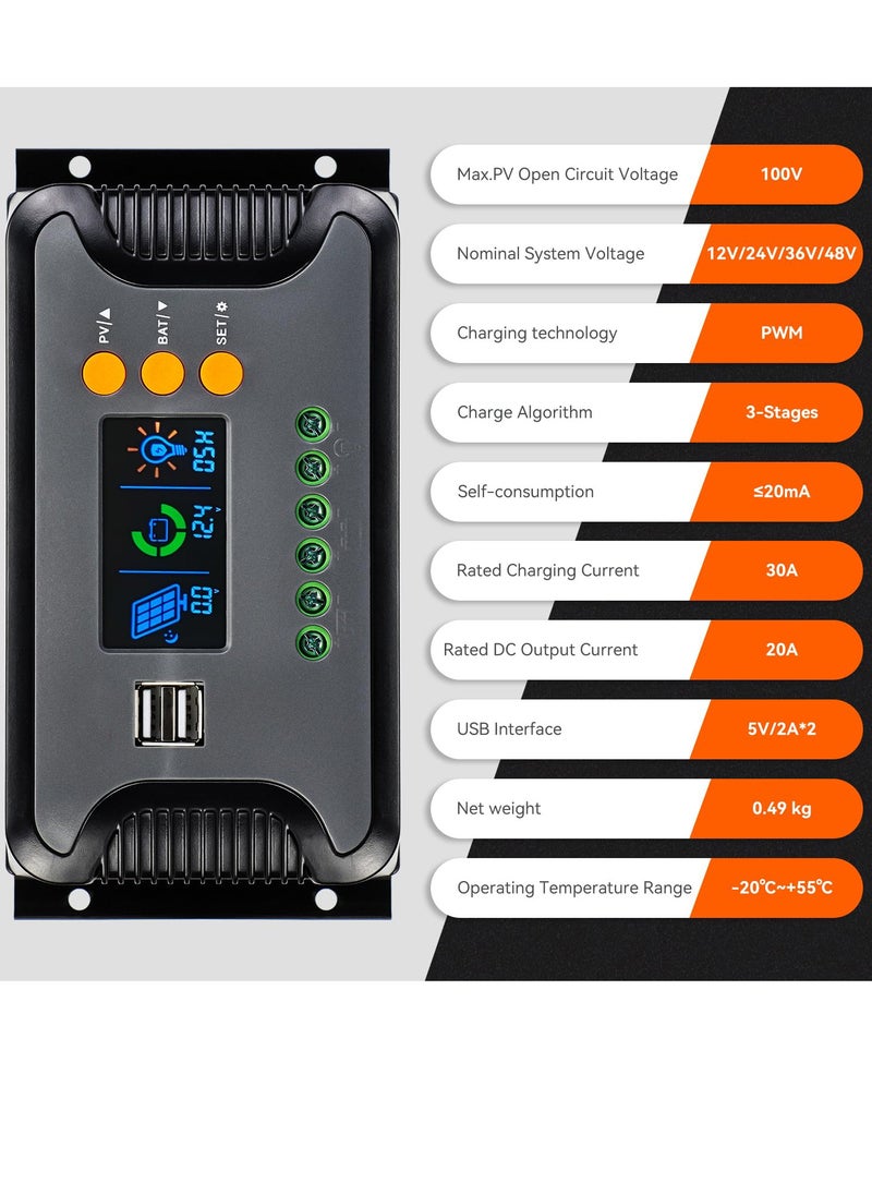 SYOSI 30A وحدة تحكم شاحن شمسي 12V 24V 36V 48V منظم بطارية ذكي تلقائي قابل للتعديل شاشة LCD مزدوجة USB إعداد مؤقت لإضاءة الشوارع LED أو نظام الطاقة الشمسية المنزلي  - Image 3