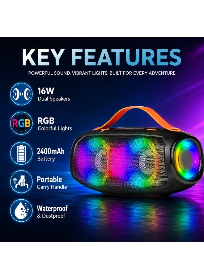 Smartbarry M96 Portable RGB Bluetooth Speaker 16W Wireless Speaker with Dual Drivers, 2400mAh Rechargeable Battery, Waterproof Outdoor Audio System, Deep Bass, LED Lights, USB & TF Card Support, Carry Handle - Image 5