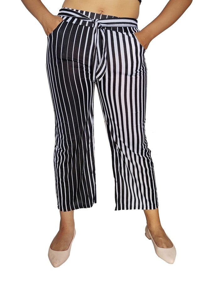zebaya Girls's Regular Fit Palazzo (Waist Size 28" to 30") Black & White Striped mid-Rise Parallel Trousers, has a Slip-on Closure, Two Pockets, Waist tie-up. - Image 2