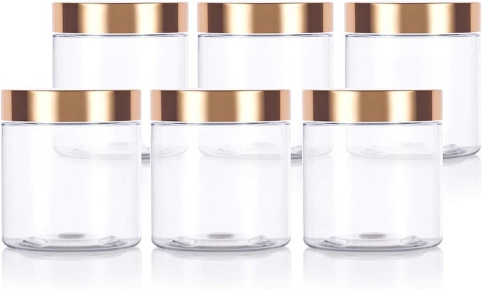 8 OZ / 240 ML CLEAR PET PLASTIC REFILLABLE JAR WITH LUXURY GOLD METAL OVERSHELL LID (6 PACK)
