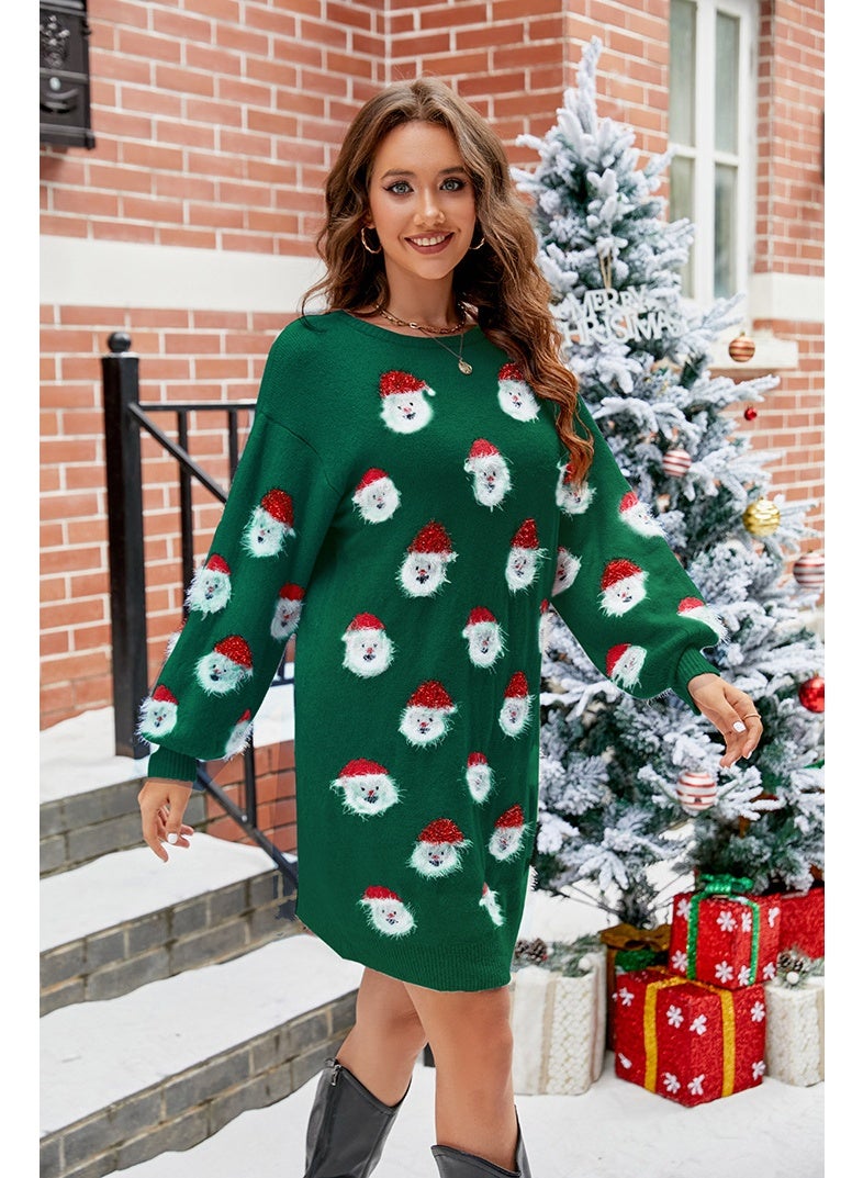 NIBEMINENT Winter Women's Christmas Knitted Dress Full Lantern Sleeve Casual Loose Sweater Dresses Santa Print Cute Soft Vestidos Xmas Look - Image 1