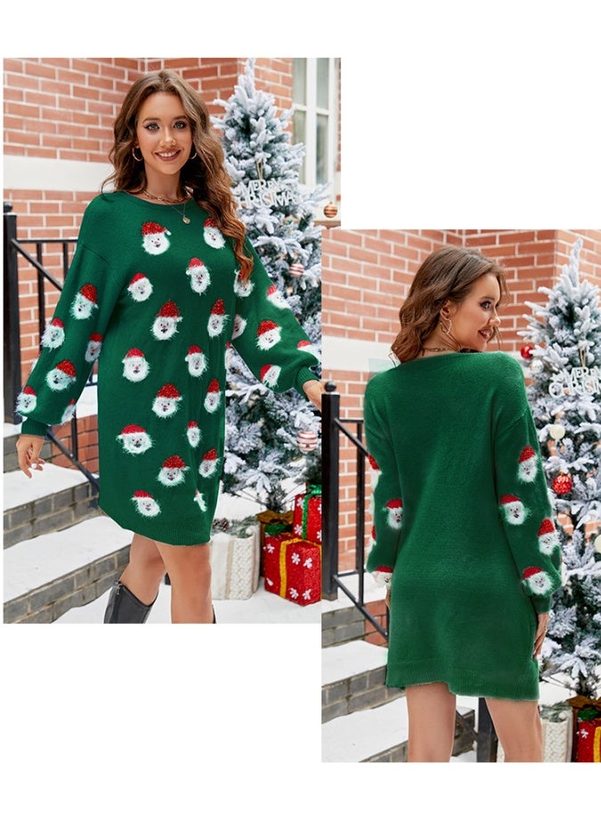 NIBEMINENT Winter Women's Christmas Knitted Dress Full Lantern Sleeve Casual Loose Sweater Dresses Santa Print Cute Soft Vestidos Xmas Look - Image 2