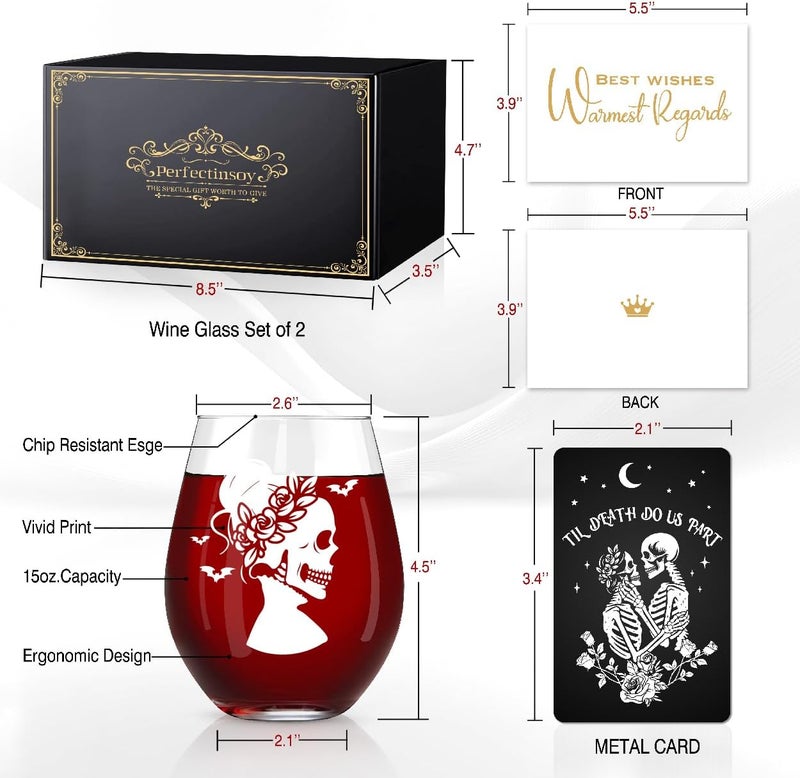 Perfectinsoy Skull Wine Glass 2 Piece with Gift Box, Zombie Design, Valentine's Day Autumn Halloween, Anniversary Wedding Gifts, Couple Gifts for Boyfriend and Girlfriend. (Skull Set of 2 A) - Image 2