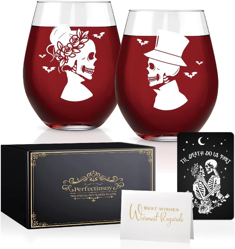 Perfectinsoy Skull Wine Glass 2 Piece with Gift Box, Zombie Design, Valentine's Day Autumn Halloween, Anniversary Wedding Gifts, Couple Gifts for Boyfriend and Girlfriend. (Skull Set of 2 A) - Image 1