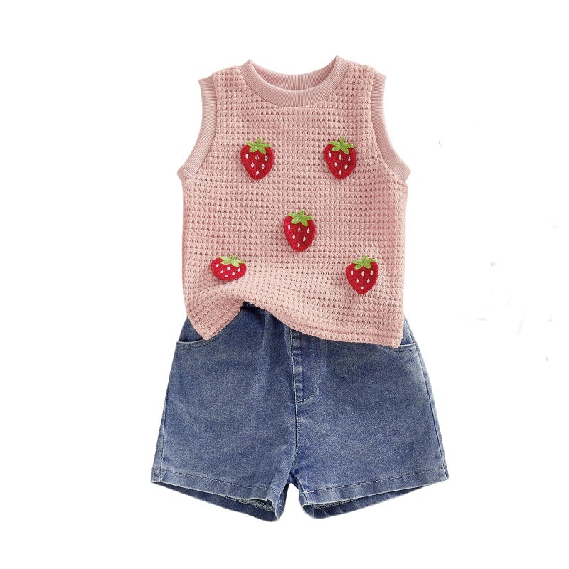 YINGISFITM Toddler Girl Clothes Baby Summer Waffle Knit Tank Top Sleeveless Shirt Jeans Shorts Floral Outfit Girls Clothing (Pink strawberry, 3-4T) - Image 1