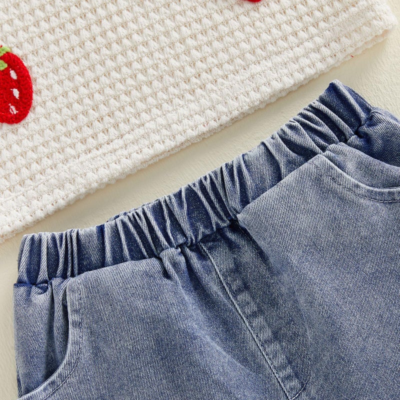 YINGISFITM Toddler Girl Clothes Baby Summer Waffle Knit Tank Top Sleeveless Shirt Jeans Shorts Floral Outfit Girls Clothing (Pink strawberry, 3-4T) - Image 4