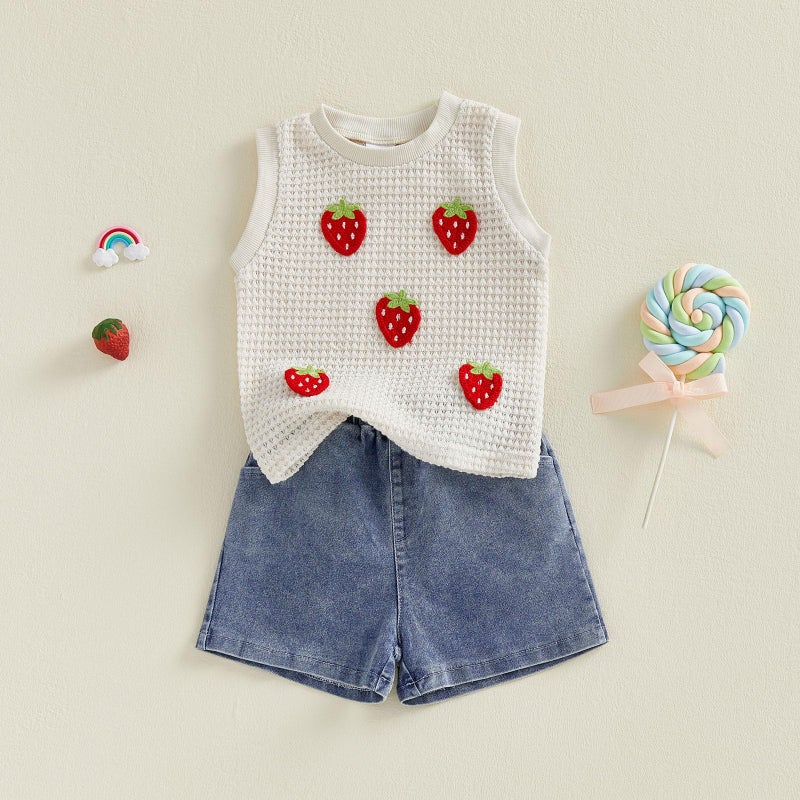 YINGISFITM Toddler Girl Clothes Baby Summer Waffle Knit Tank Top Sleeveless Shirt Jeans Shorts Floral Outfit Girls Clothing (Pink strawberry, 3-4T) - Image 2