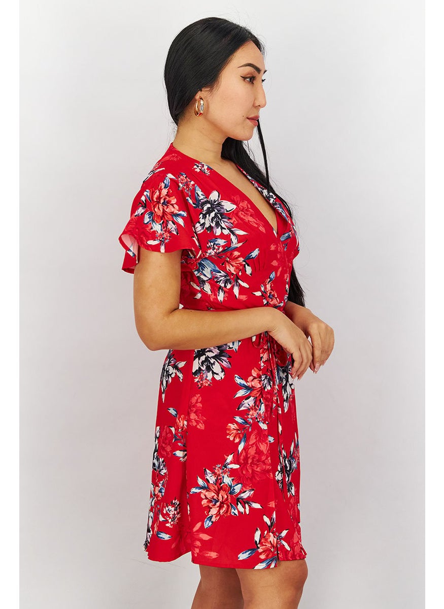 French Connection - Women Surplice Neckline Short Sleeve Floral Printed Mini Dress, Red - Image 1