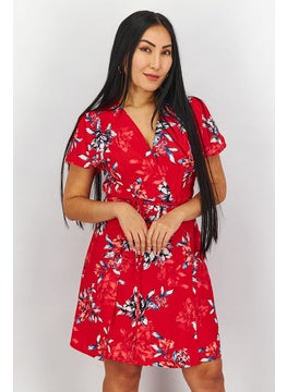Women Surplice Neckline Short Sleeve Floral Printed Mini Dress, Red