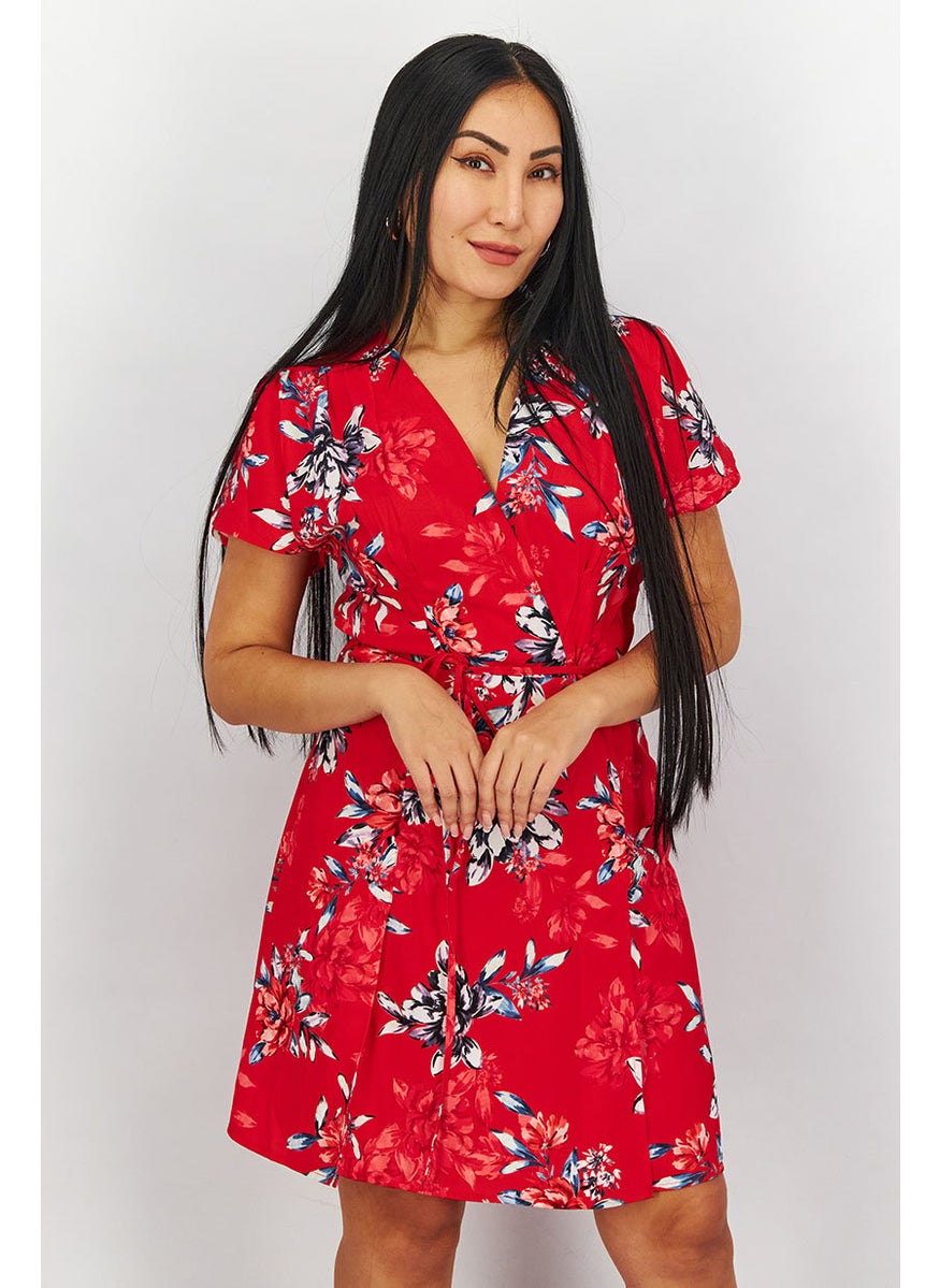 French Connection - Women Surplice Neckline Short Sleeve Floral Printed Mini Dress, Red - Image 1