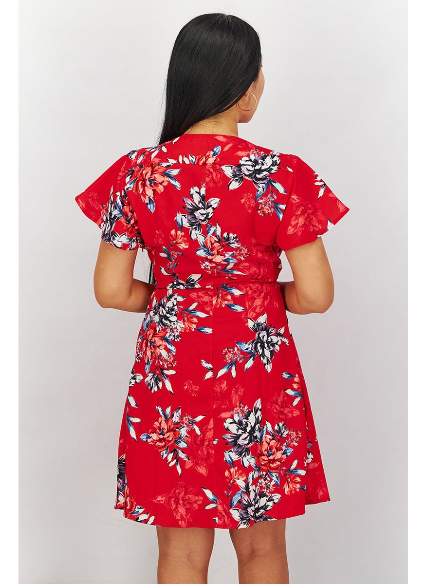 French Connection - Women Surplice Neckline Short Sleeve Floral Printed Mini Dress, Red - Image 1