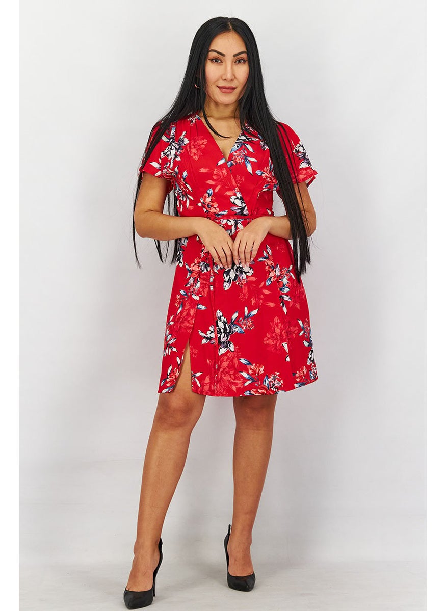 French Connection - Women Surplice Neckline Short Sleeve Floral Printed Mini Dress, Red - Image 1