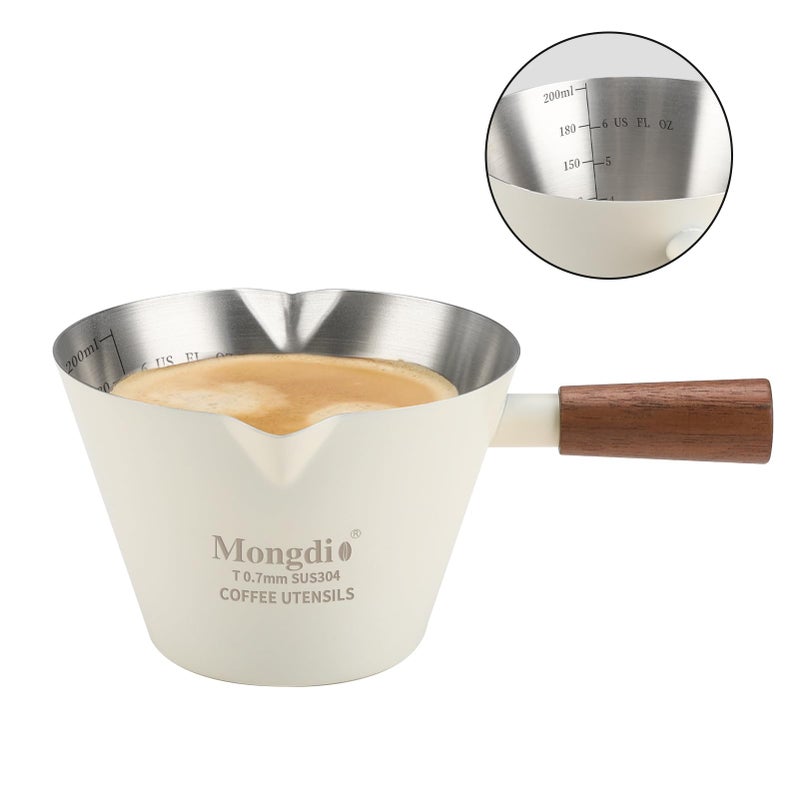 Mongdio Espresso Measuring Cup, Stainless Steel Espresso Shot Cups with Wooden Handle and Double Spouts, 6.8OZ/200ML, White - Image 1