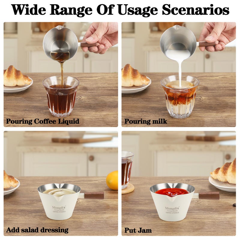 Mongdio Espresso Measuring Cup, Stainless Steel Espresso Shot Cups with Wooden Handle and Double Spouts, 6.8OZ/200ML, White - Image 2
