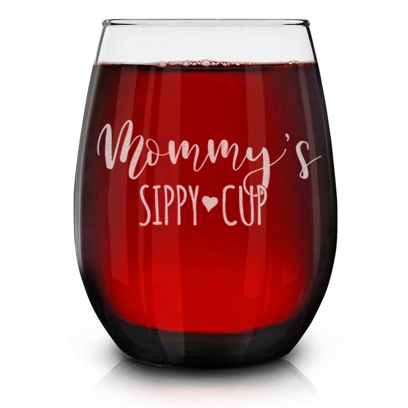 Shop4Ever shop4ever Mommys Sippy Cup Engraved Stemless Wine Glass 15 oz Funny New Mom Gift 