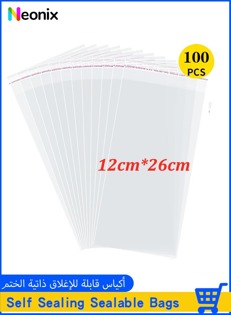 Neonix Self Sealing Cellophane Bags Self Adhesive,12x26 cm Clear Resealable Cellophane Bags 100Pieces，Food Safe, Cello Bags OPP for Cookies,Cards,Envelopes,Pictures - Image 1