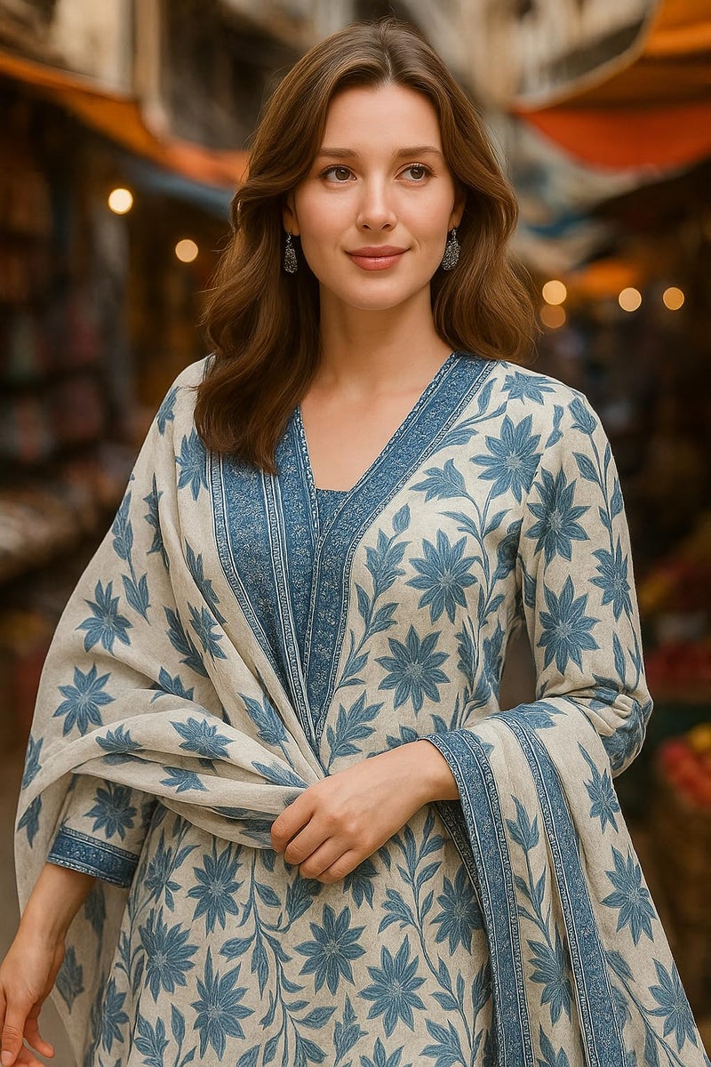 Yashika Women's Cotton Blend Printed Kurta with Pant & Dupatta| Kurta with Pants and Dupatta Set_AZ-YS-KS2114 BLUE_CG1-L - Image 2