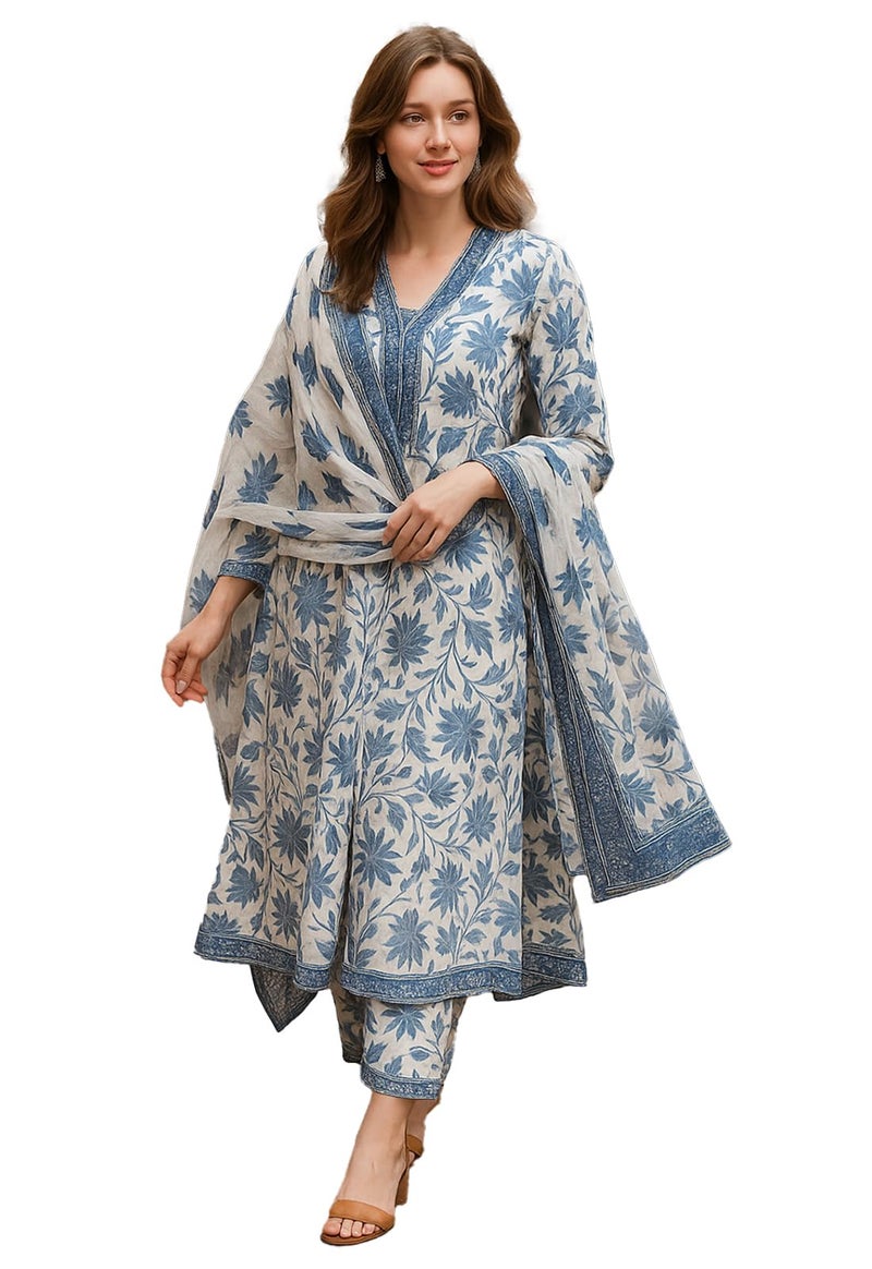 Yashika Women's Cotton Blend Printed Kurta with Pant & Dupatta| Kurta with Pants and Dupatta Set_AZ-YS-KS2114 BLUE_CG1-L - Image 4