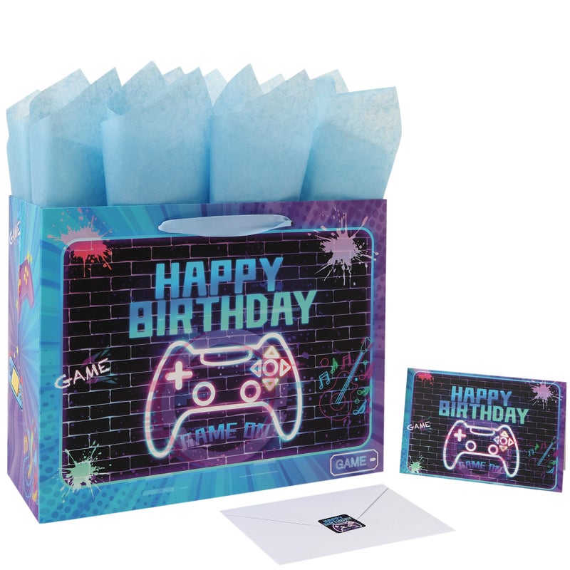 wishinside 13â€ Large Gamer-themed Birthday Gift Bag Set with Handles, Greeting Card, Tissue Papers and Stickers for Boys Girls Kids Teens Men Women, Game Design, 1 Pcs - Image 1