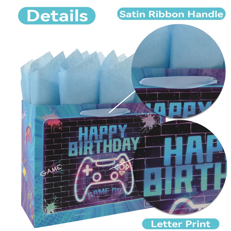 wishinside 13â€ Large Gamer-themed Birthday Gift Bag Set with Handles, Greeting Card, Tissue Papers and Stickers for Boys Girls Kids Teens Men Women, Game Design, 1 Pcs - Image 4