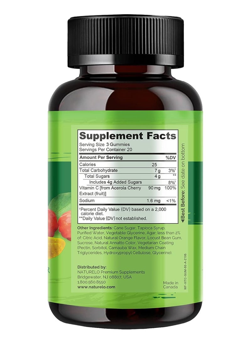 NATURELO - Vitamin C Whole Food  Gummies -  Vitamin C from Acerola Cherry Formulated to Support Immune Health & Antioxidant Defense, Orange Flavor Dietary Supplement - 60 Vegan-Friendly Gummies - Image 1