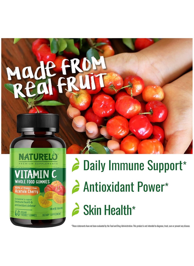 NATURELO - Vitamin C Whole Food  Gummies -  Vitamin C from Acerola Cherry Formulated to Support Immune Health & Antioxidant Defense, Orange Flavor Dietary Supplement - 60 Vegan-Friendly Gummies - Image 1