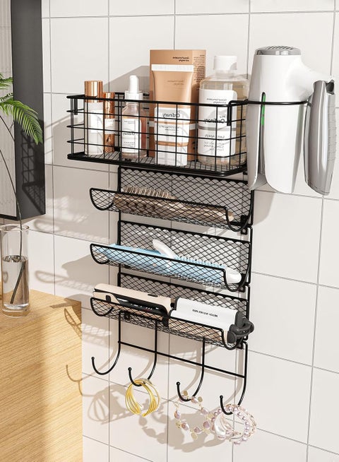 حامل مجفف شعر مثبت على الحائط لتخزين أدوات التصفيف، سلة تخزين من 4 طبقات مع خطافات، رف مقاوم للحرارة لأدوات فرد الشعر، ومكواة التجعيد، ومكواة فرد الشعر، والعطور، وأبواب الخزائن، والحمام، والمطبخ