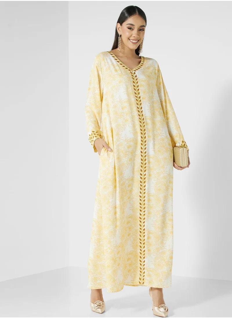 KASHKHA V-Neck Floral Print Jalabiya
